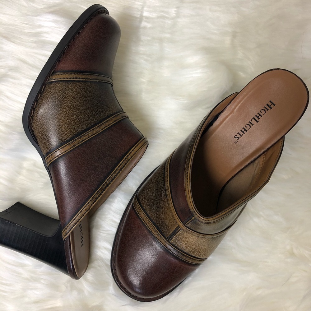 HIGHLIGHTS LEATHER CLOGS Sz 10w